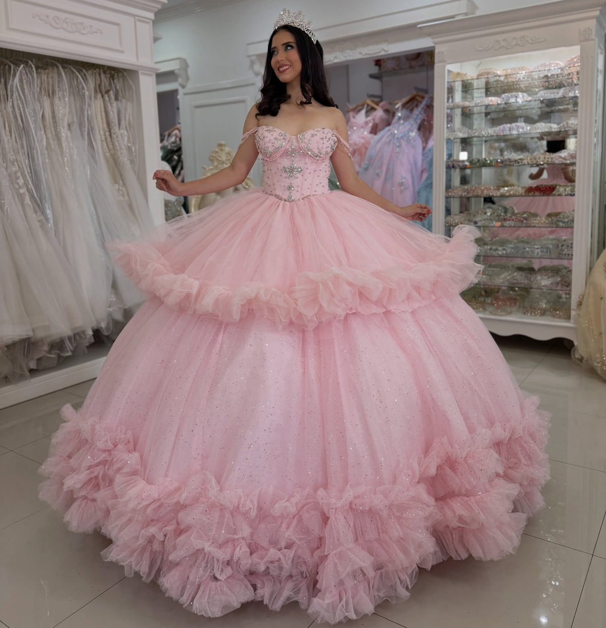 Ball Gown Tulle Ruffled Quinceanera Dresses Pink Off Shoulder Birthday Gowns for Sweet 16 HE1991