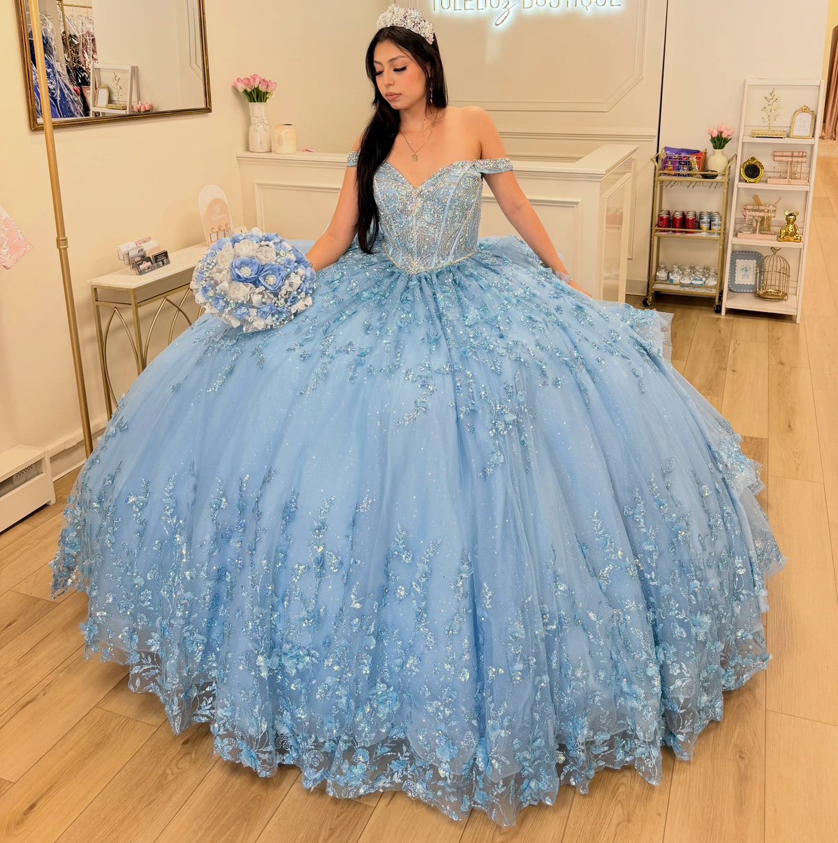 Off Shoulder 3D Flower Quinceanera Dresses Ball Gown Princess Blue Sweet 16 Party Gowns HE1964