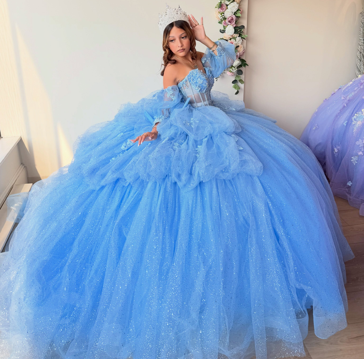 Glittery Tulle Blue Quinceanera Dresses Sweetheart Ball Gown Sweet 16 Birthday Party Dresses HE1965