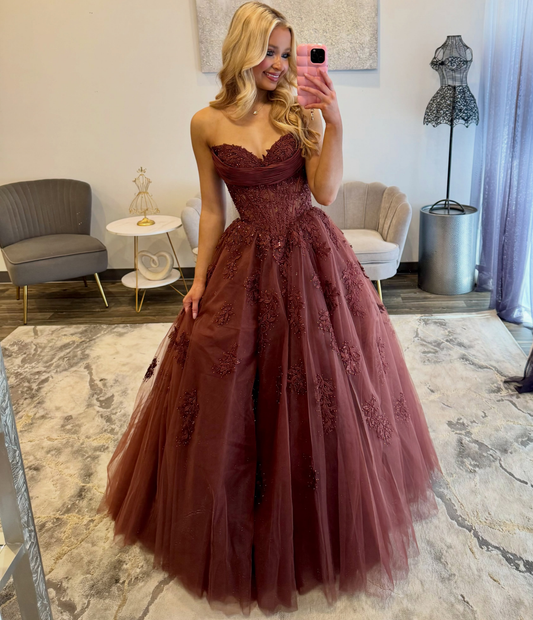Women's A Line Tulle Appliqued Prom Dresses Long Sweetheart Corset Evening Party Gowns HE1963