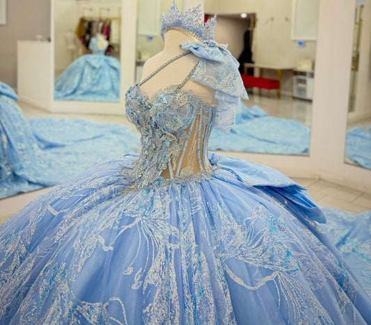 Sweetheart Lace Blue Quinceanera Dresses Off Shoulder Sweet 16 Celebration Gowns HE2006
