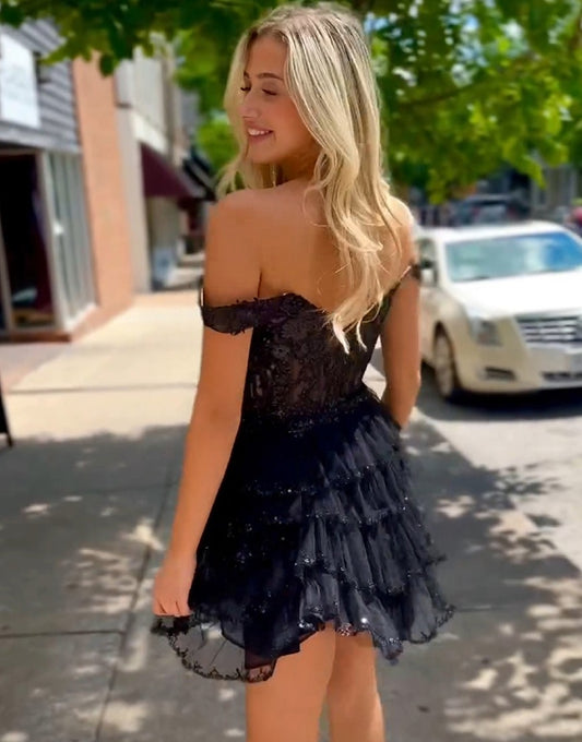 A-Line Glittery Tulle Sequin Lace Beaded Homecoming Dresses for Juniors HE577