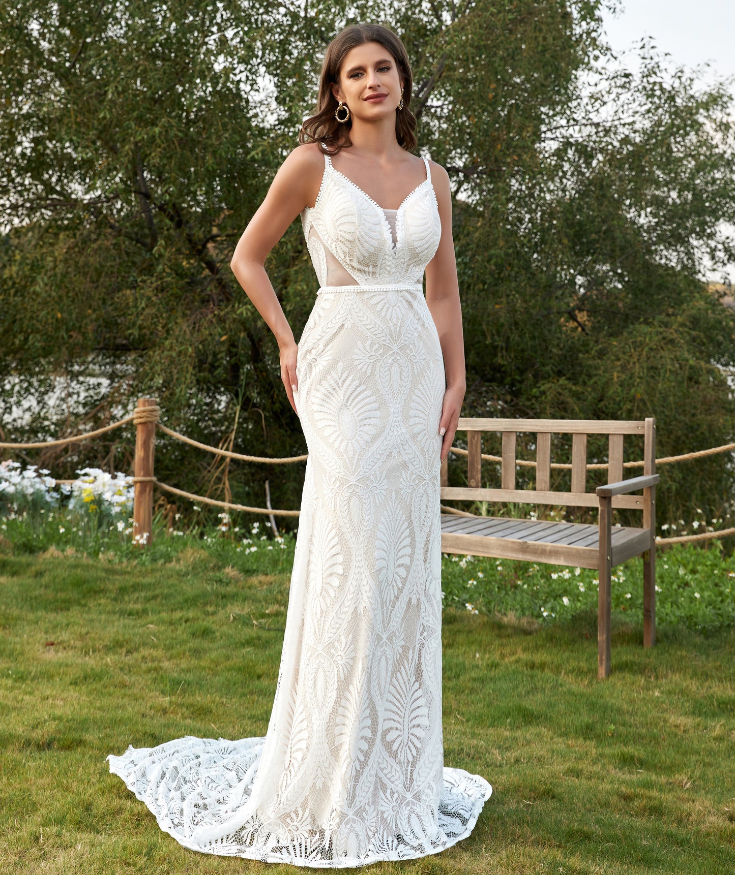 Mermaid V Neck Boho Lace Wedding Dresses Plus Size Bride Wedding Gowns for Women HE861