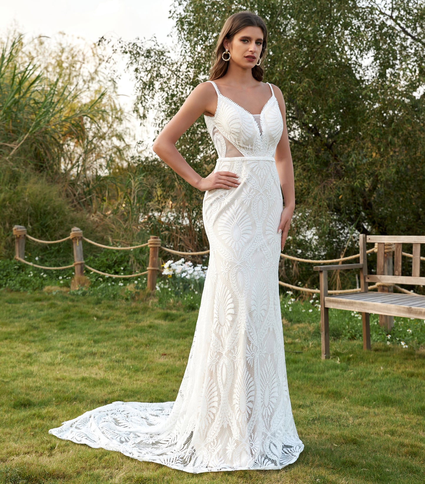 Mermaid V Neck Boho Lace Wedding Dresses Plus Size Bride Wedding Gowns for Women HE861