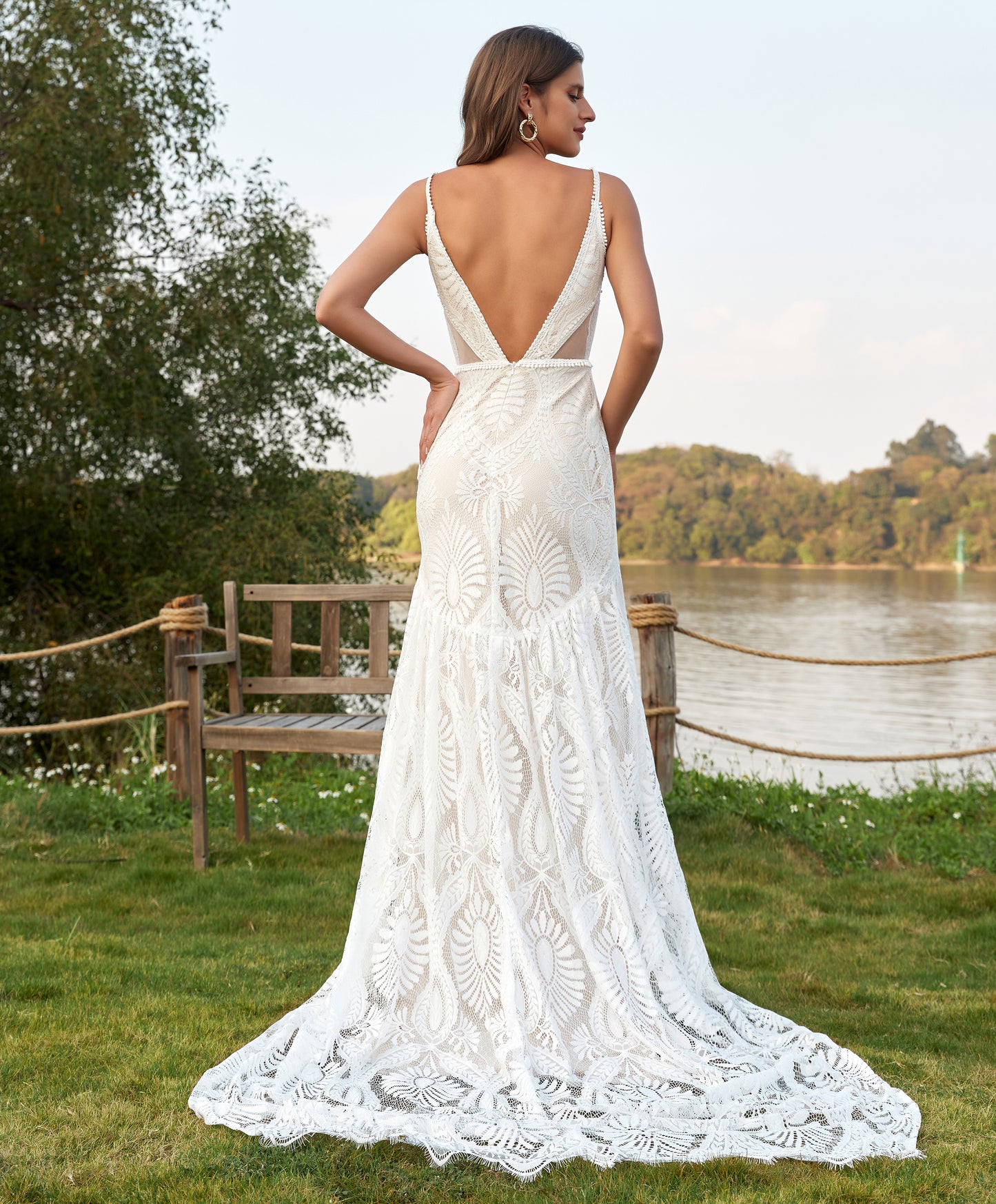 Mermaid V Neck Boho Lace Wedding Dresses Plus Size Bride Wedding Gowns for Women HE861