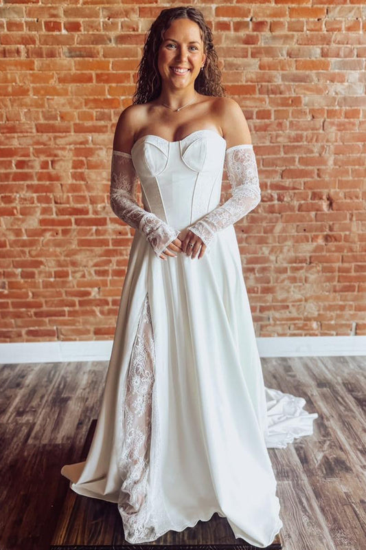 Satin A Line Sweetheart Wedding Dresses Corset Bride Wedding Gowns with Detachable Sleeves HE1147