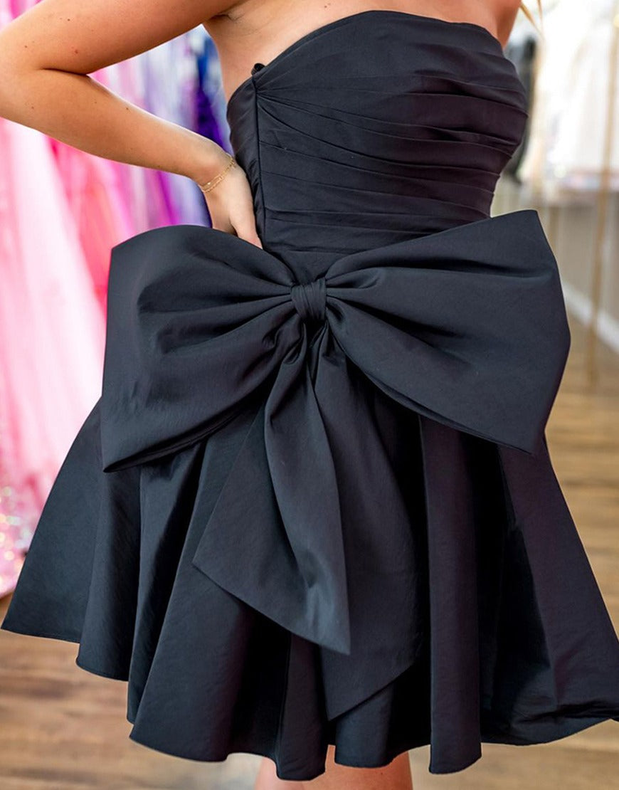 Vestidos de fiesta de satén con escote en forma de A y lazo grande HE478