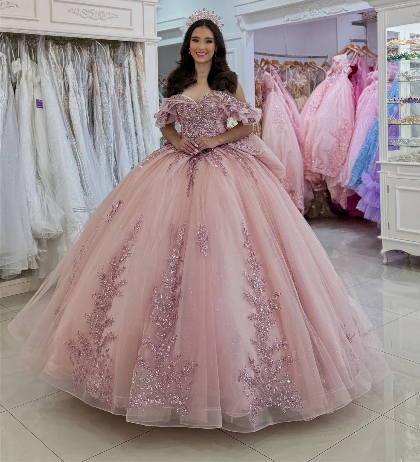 Ball Gown Princess Lace Appliqued Pink Quinceanera Dresses for Sweet 16 HE1163