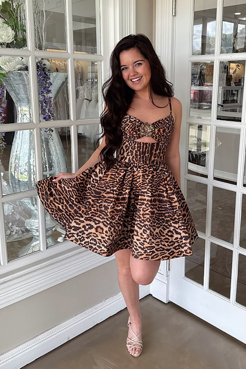 Brown Leopard A Line Keyhole Short Homecoming Dresses for Juniors HE617