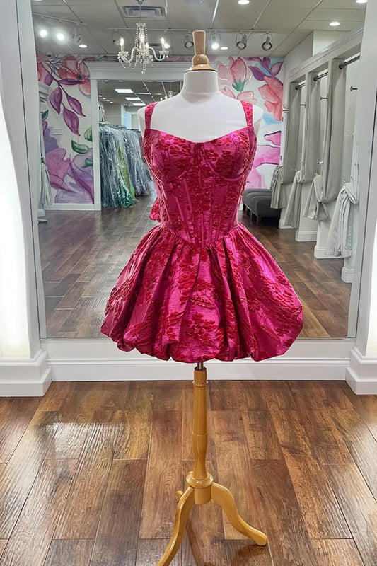 Fuchsia A Line Ruched Floral Print Short Corset Homecoming Dress HE593