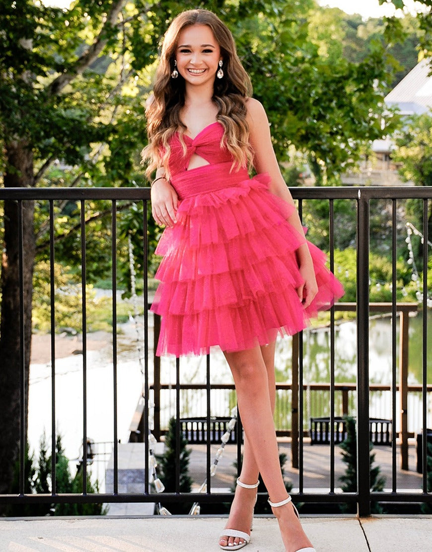 Fuchsia Ruffled Tulle A Line Keyhole Short Homecoming Dress for Juniors HE753