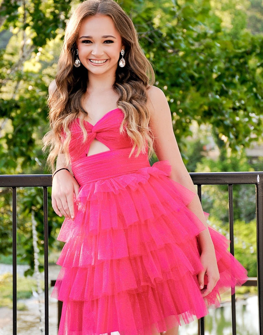 Fuchsia Ruffled Tulle A Line Keyhole Short Homecoming Dress for Juniors HE753