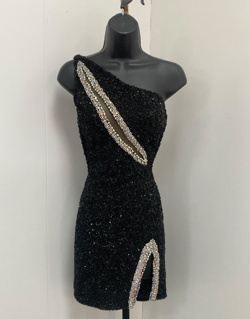 Glitter Black Sequins One Shoulder Beaded Tight Homecoming Dresses HE748