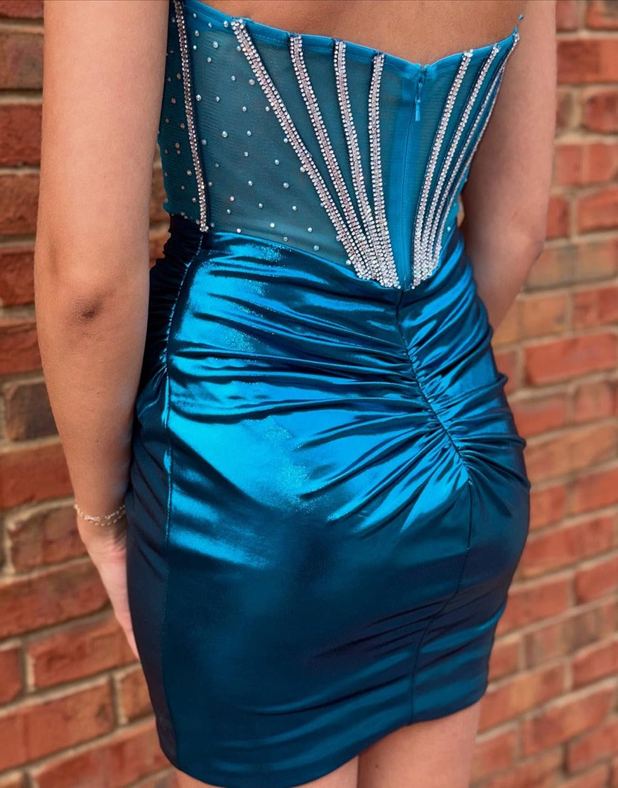 Glitter Peacock Blue Metallic Beaded Bodycon Ruched Corset Homecoming Dress HE776