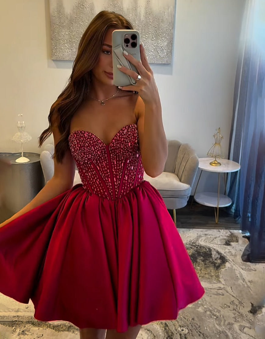 Glitter Red Sweetheart Satin A-Line Corset Homecoming Dress with Beading HE775