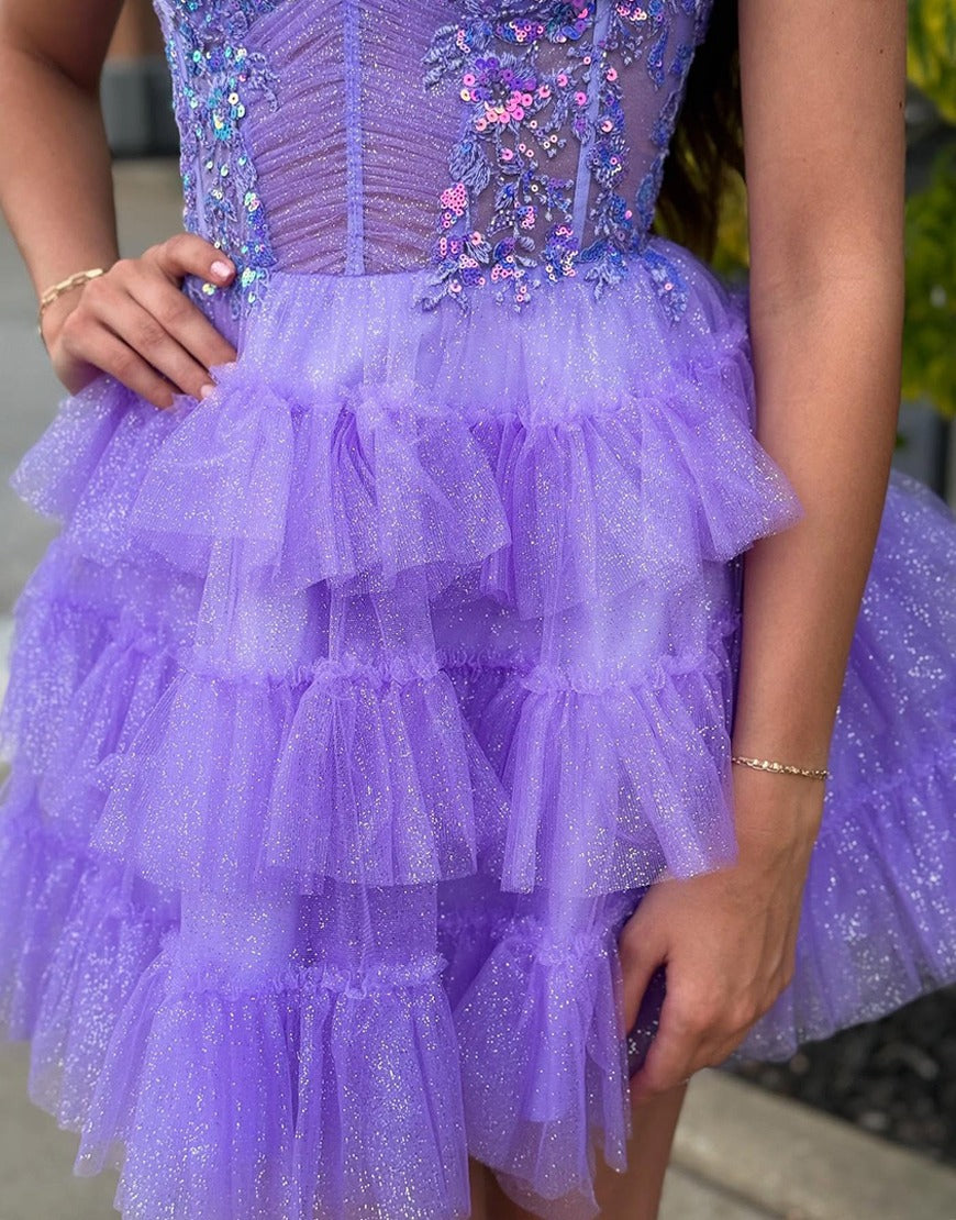 Vestido de fiesta corto con corsé, volantes y lentejuelas en tul lavanda brillante HE636