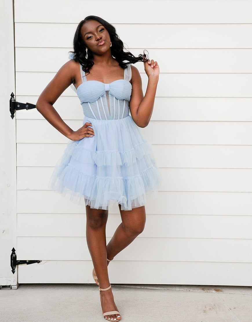 Grey Blue A Line Tulle Short Corset Homecoming Dresses with Ruffles HE754