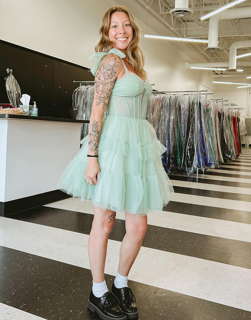 Grey Blue A Line Tulle Short Corset Homecoming Dresses with Ruffles HE754