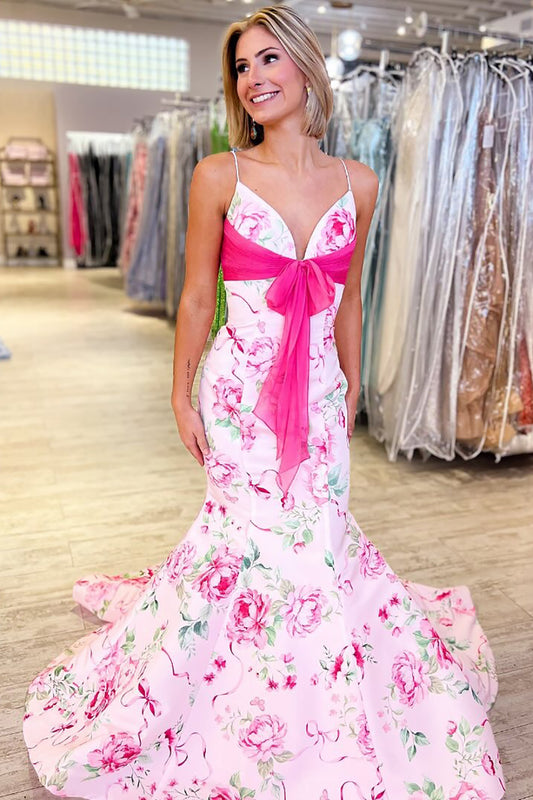 Mermaid Satin Floral Print Prom Dresses Long V Neck Evening Party Gowns for Women HE1136