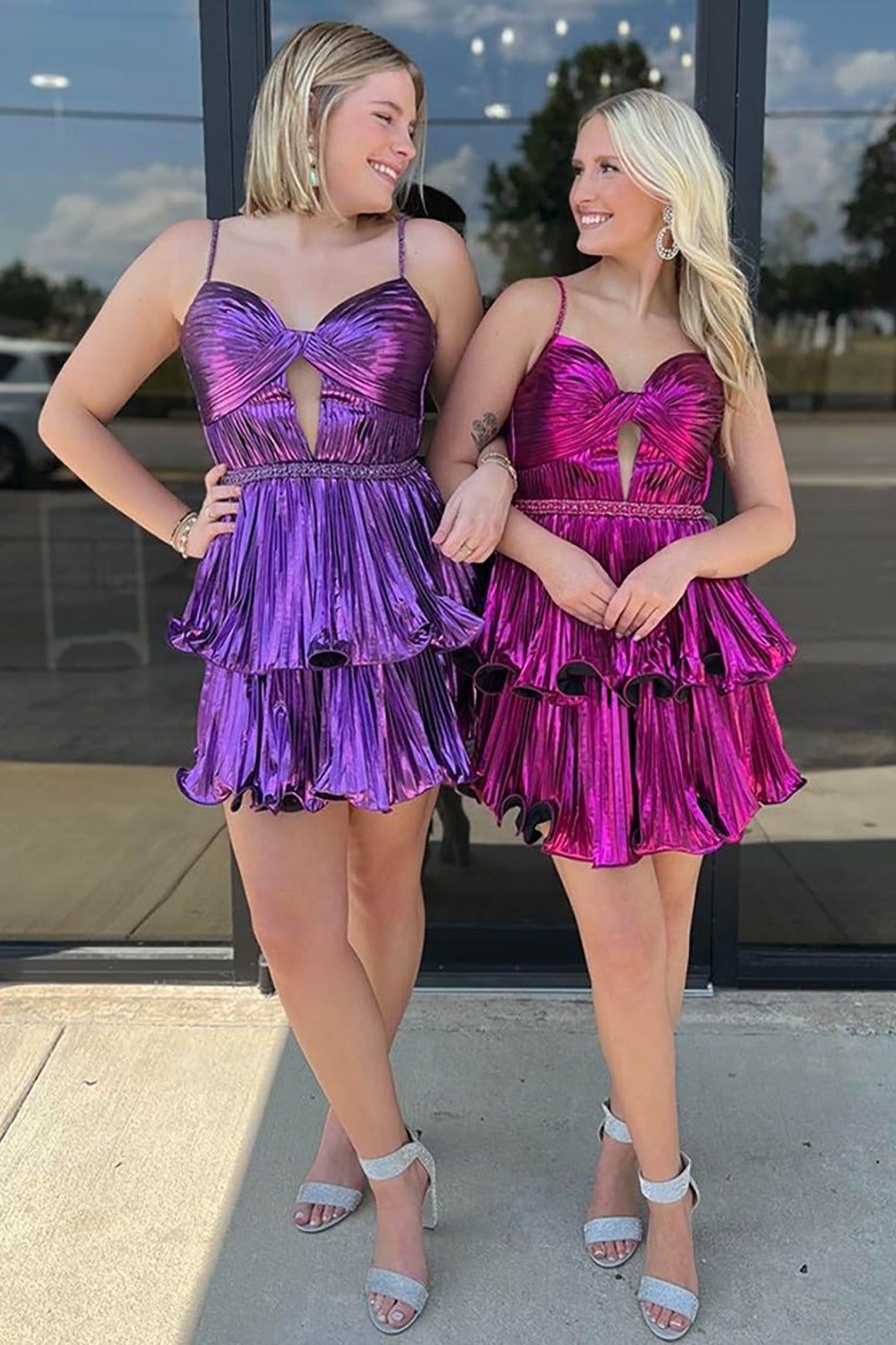 Metallic Fuchsia A Line Short Pleated Homecoming Dress with Ruffles HE638