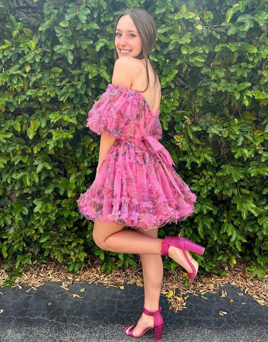 Vestidos de fiesta cortos con estampado floral fucsia, corte A, para jóvenes, HE396