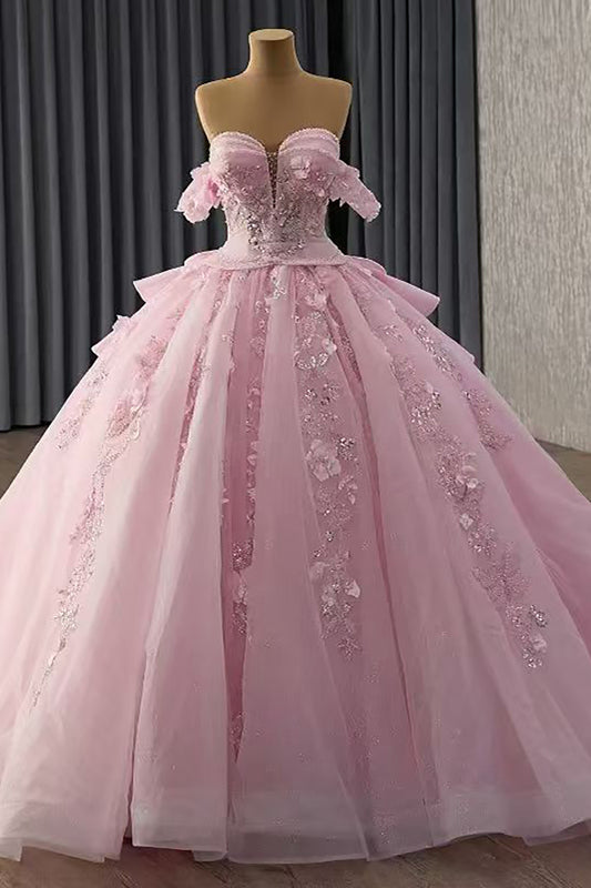 Off Shoulder Tulle Flower Corset Quinceanera Dresses Pink Lace Sweet 16 Birthday Gowns HE1171