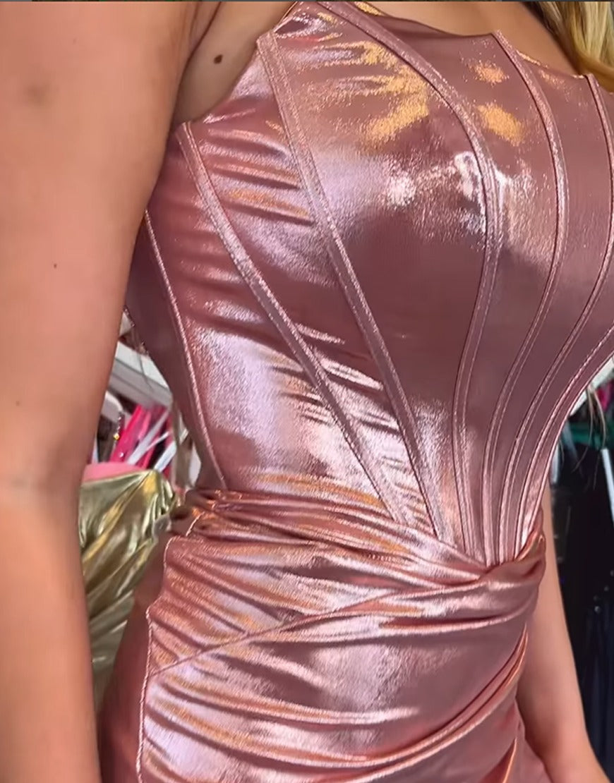 Pink Metallic Tight Ruched Short Corset Homecoming Dress for Juniors HE756