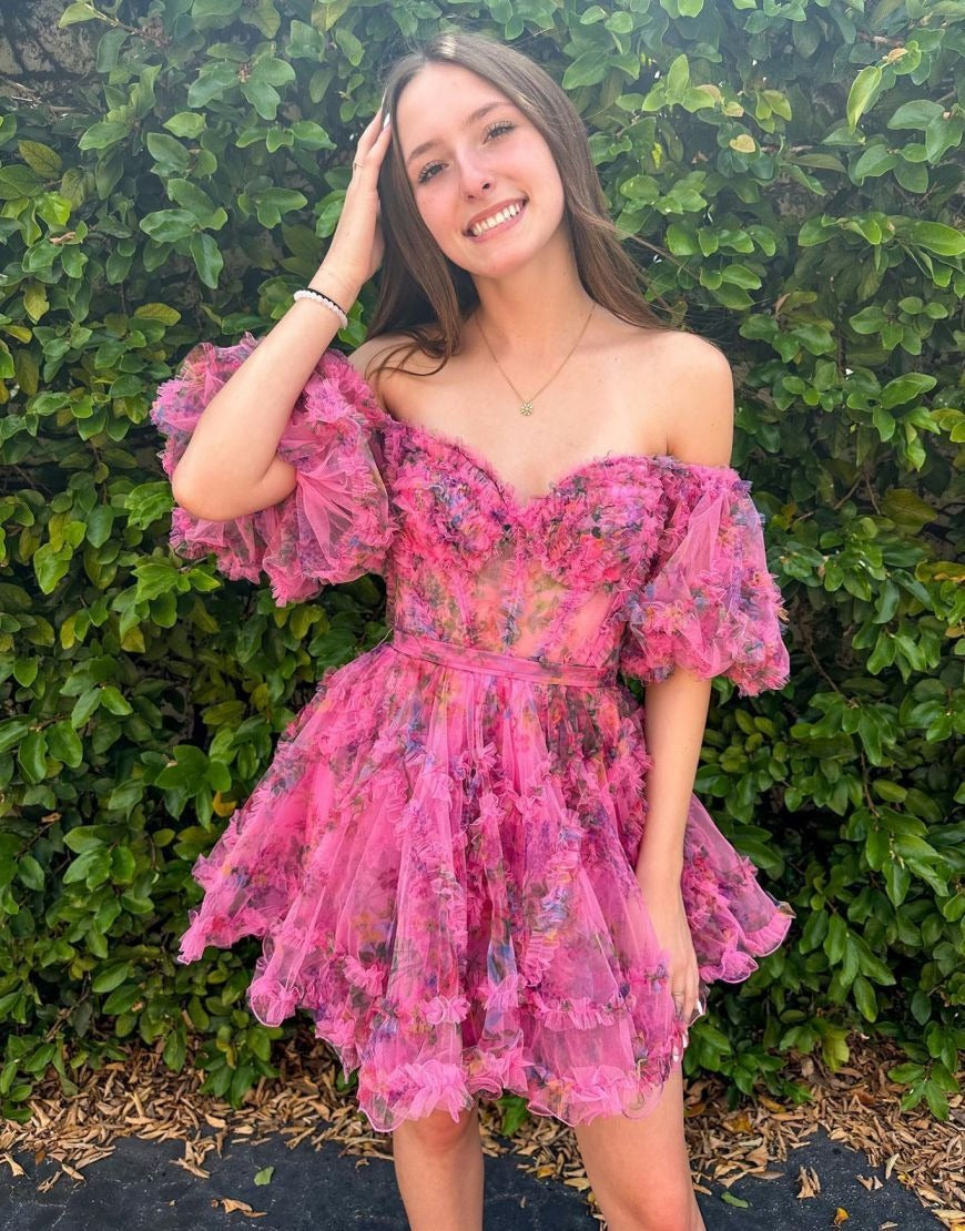 Vestidos de fiesta cortos con estampado floral fucsia, corte A, para jóvenes, HE396