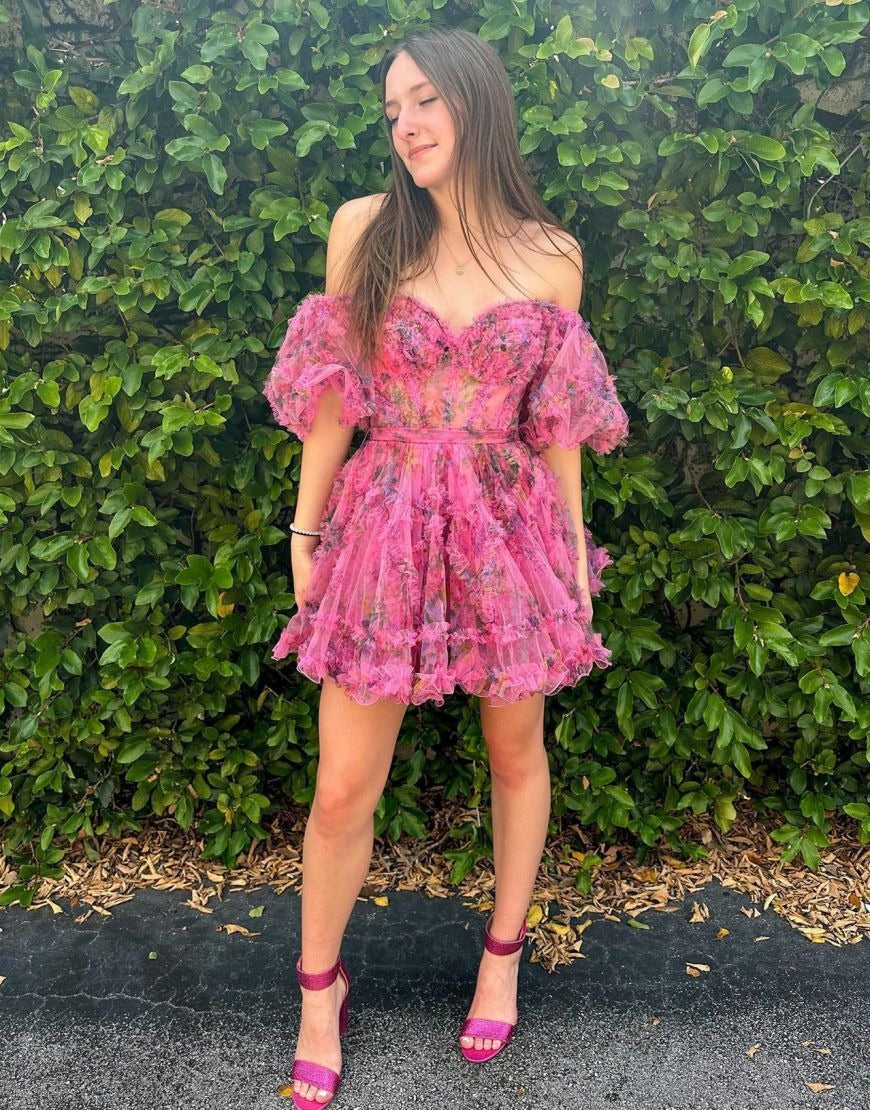 Vestidos de fiesta cortos con estampado floral fucsia, corte A, para jóvenes, HE396