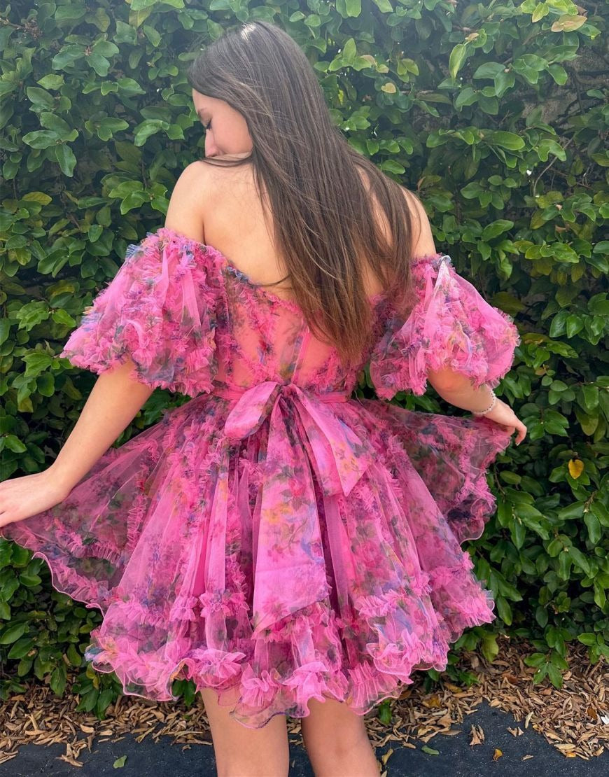 Vestidos de fiesta cortos con estampado floral fucsia, corte A, para jóvenes, HE396