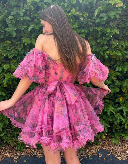 Fuchsia Floral Print A Line Homecoming Dresses for Juniors Short Party Gowns HE396
