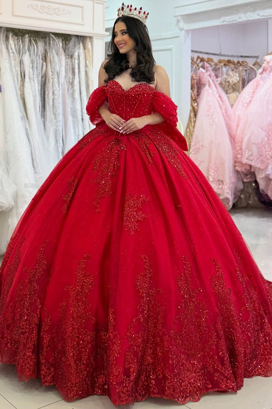 Princess Ball Gown Red Quinceanera Dresses Off Shoulder Sweet 16 Prom Party Gowns HE1166