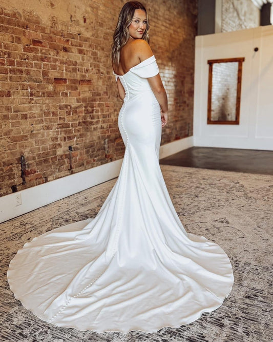 Women's Off Shoulder Mermaid Satin Wedding Dresses Simple Boho Bridal Wedding Gowns HE1148