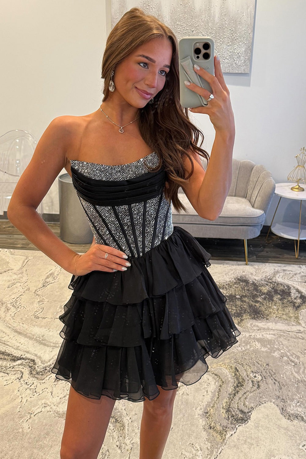 Sparkly Chiffon Ruffled Corset A Line Short Homecoming Dress with Beading HE652