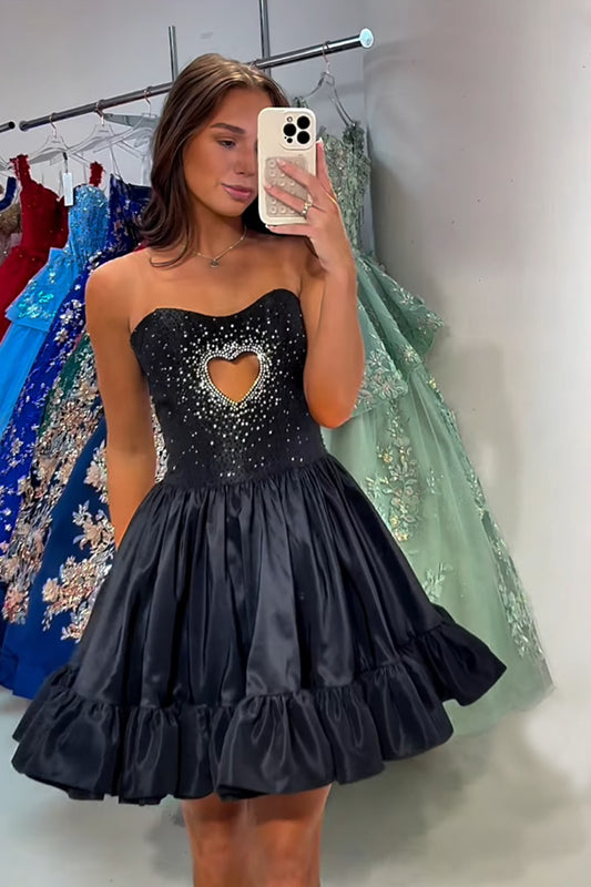 Black Sweetheart Keyhole Short Satin Homecoming Dress with Beading HE629