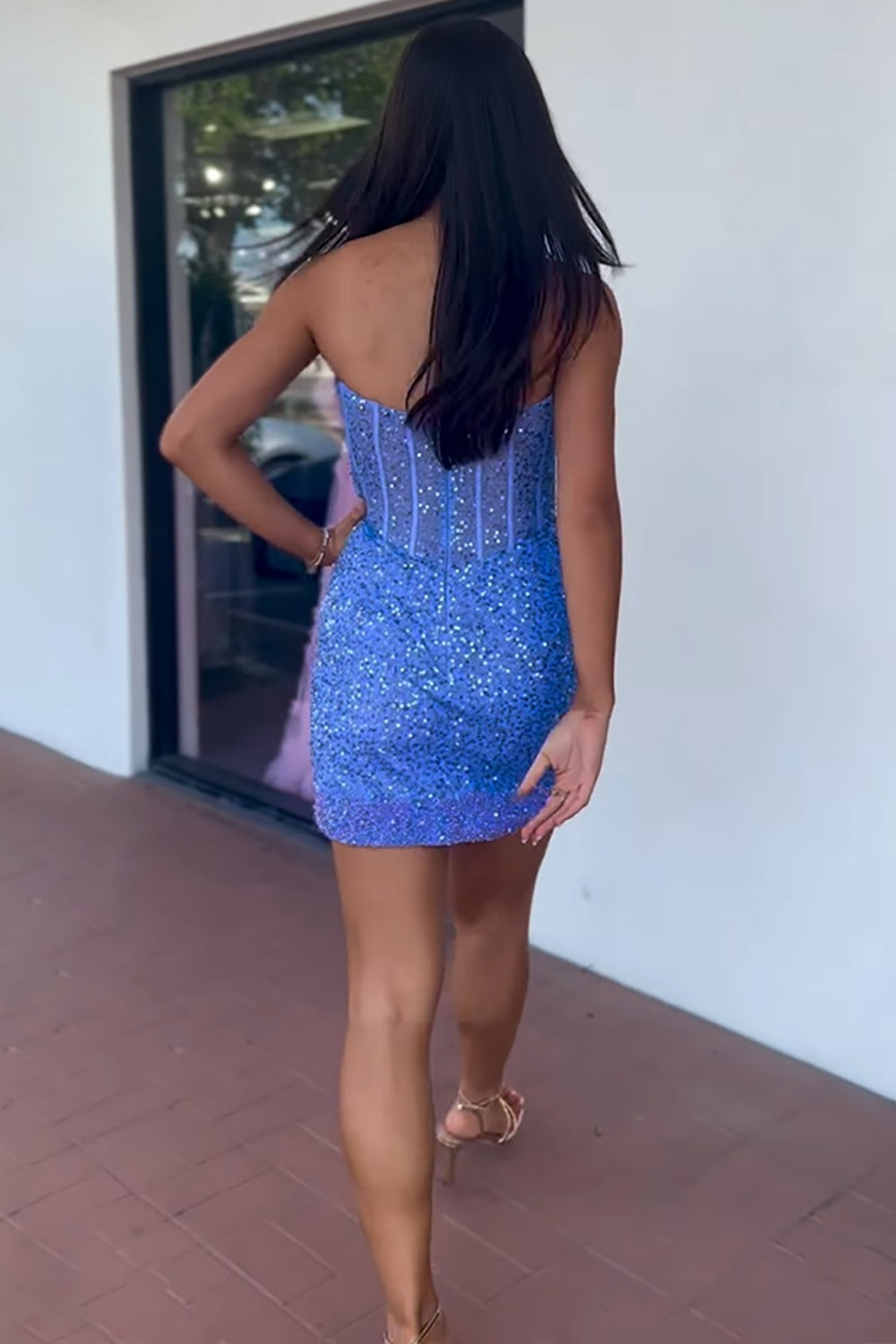 Sparkly Blue Sequins Short Corset Sweetheart Homecoming Dress with Slit HE640