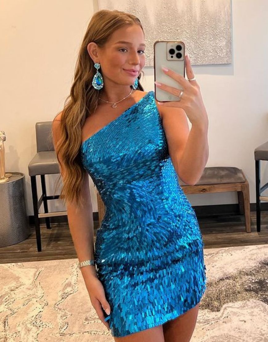 Vestidos de fiesta con lentejuelas y un solo hombro para jóvenes, vestidos de cóctel ajustados HE484