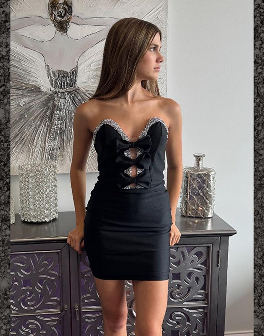Sparkly Black Keyhole Beaded Short Homecoming Dress with Bows HE613