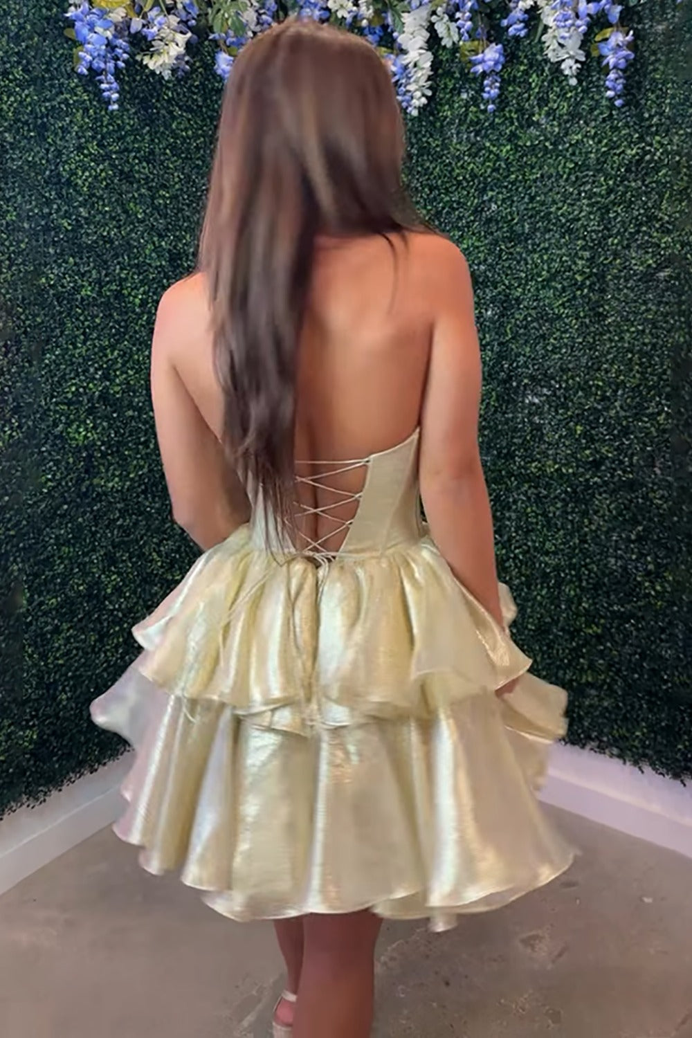 Sparkly Gold Organza Tiered Short Corset Homecoming Dress with Ruffles HE594