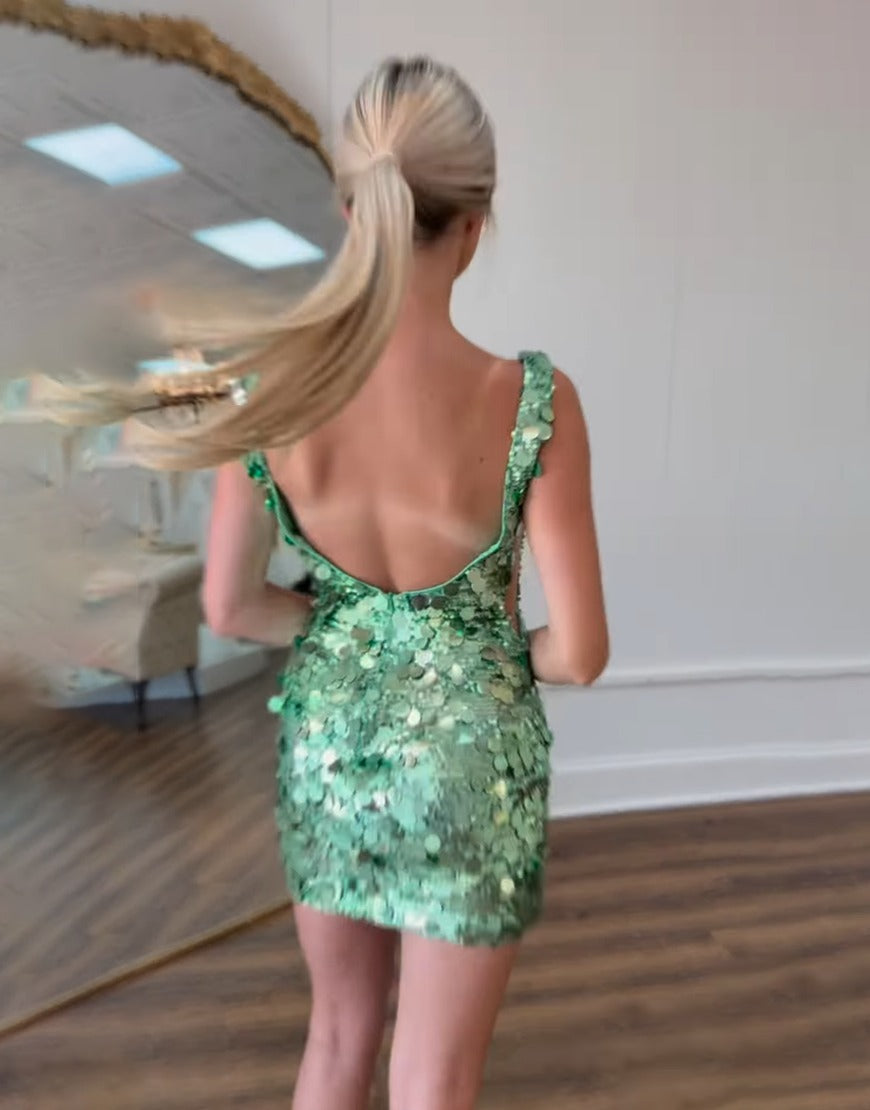 Sparkly Green V-Neck Sequin Bodycon Short Homecoming Dresses for Juniors HE774