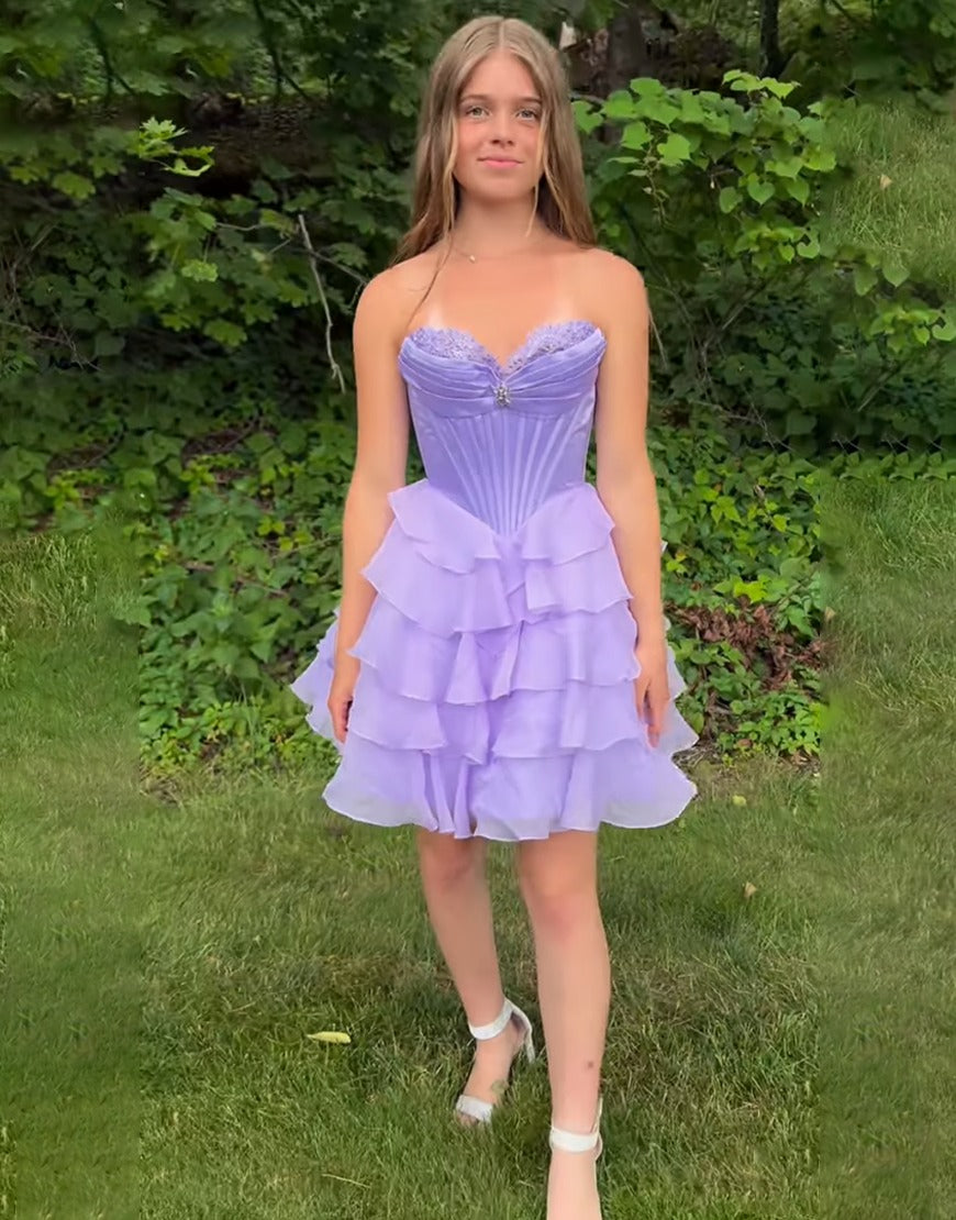 Sparkly Lavender Ruffled A Line Short Corset Homecoming Dresses with Beading HE752