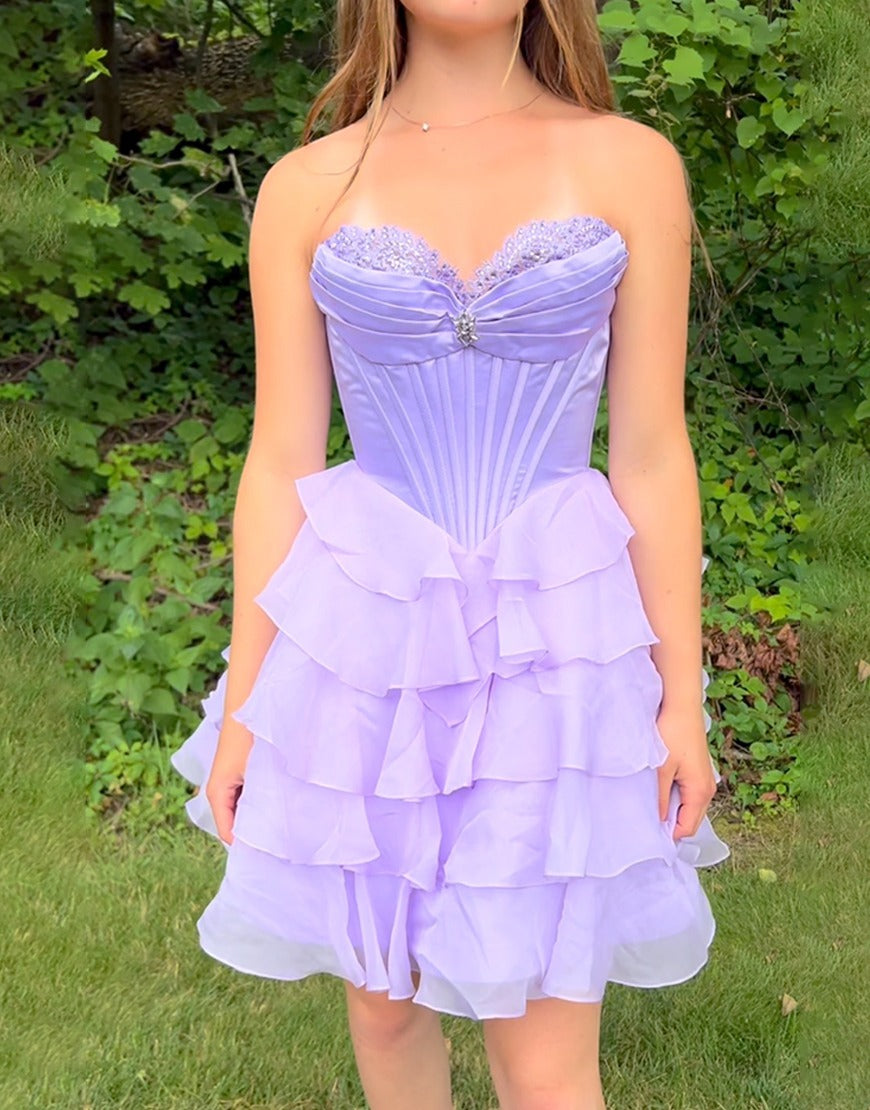 Sparkly Lavender Ruffled A Line Short Corset Homecoming Dresses with Beading HE752