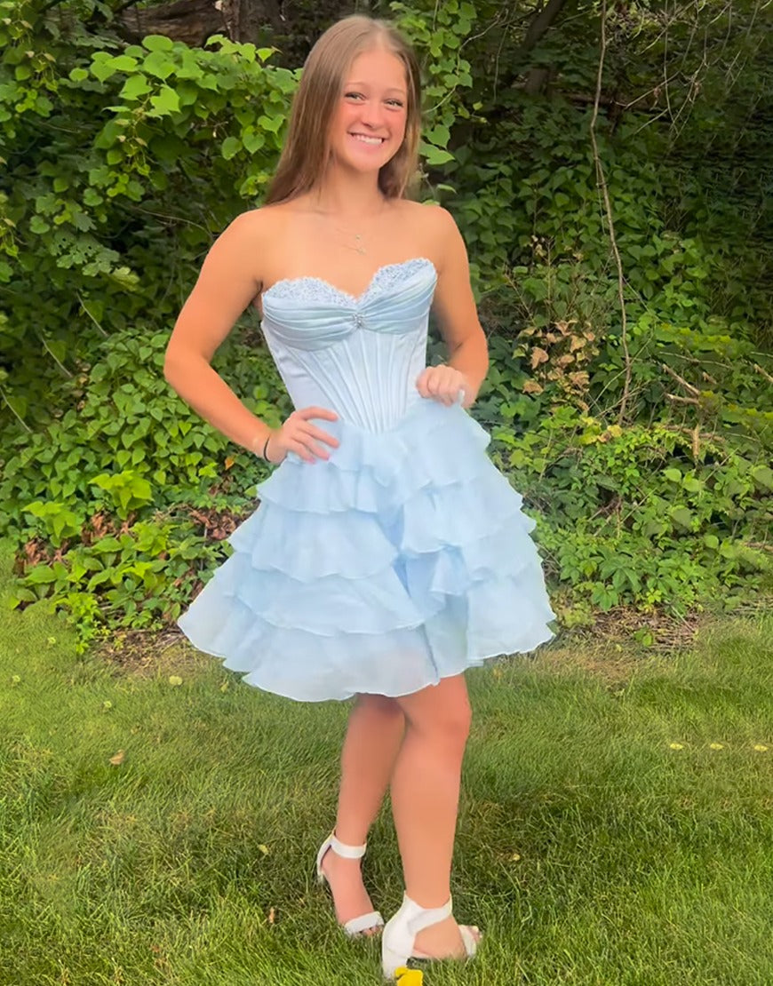 Sparkly Lavender Ruffled A Line Short Corset Homecoming Dresses with Beading HE752