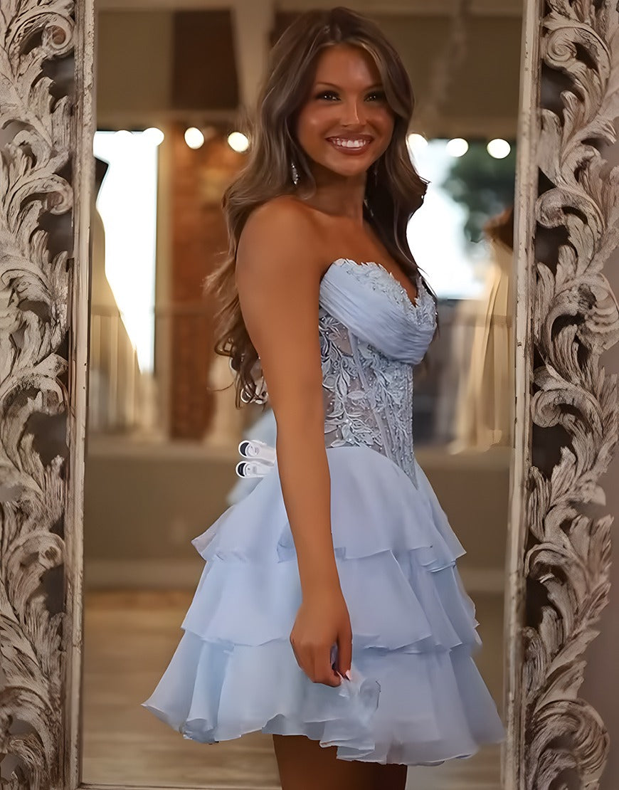 Sparkly Light Blue Short Tiered Corset Homecoming Dress with Lace HE644