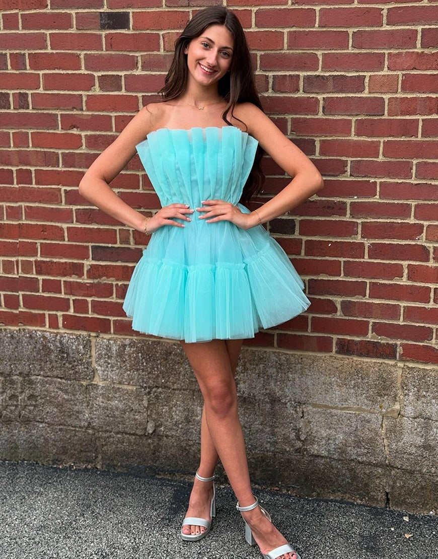 Sparkly Mint A Line Ruffled Strapless Ruched Short Homecoming Dress HE751