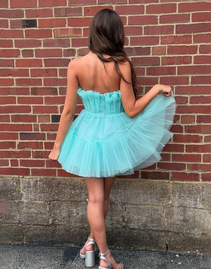 Sparkly Mint A Line Ruffled Strapless Ruched Short Homecoming Dress HE751