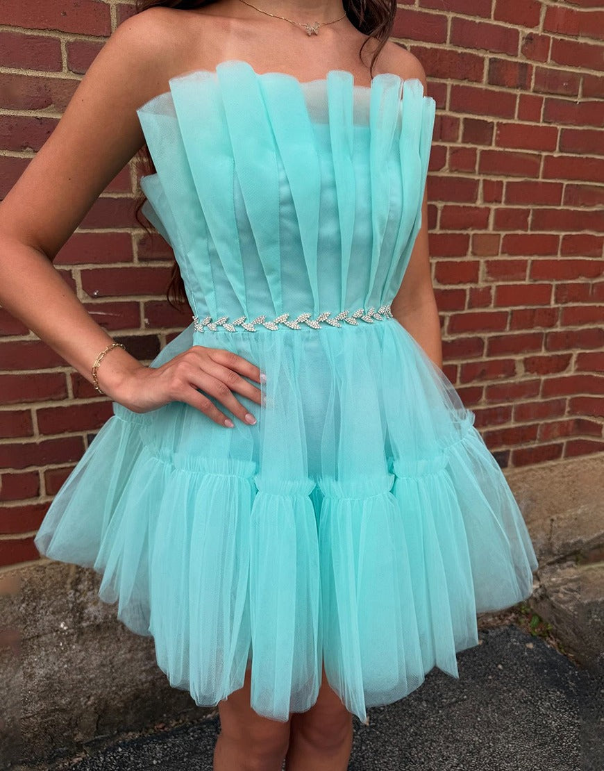 Sparkly Mint A Line Ruffled Strapless Ruched Short Homecoming Dress HE751
