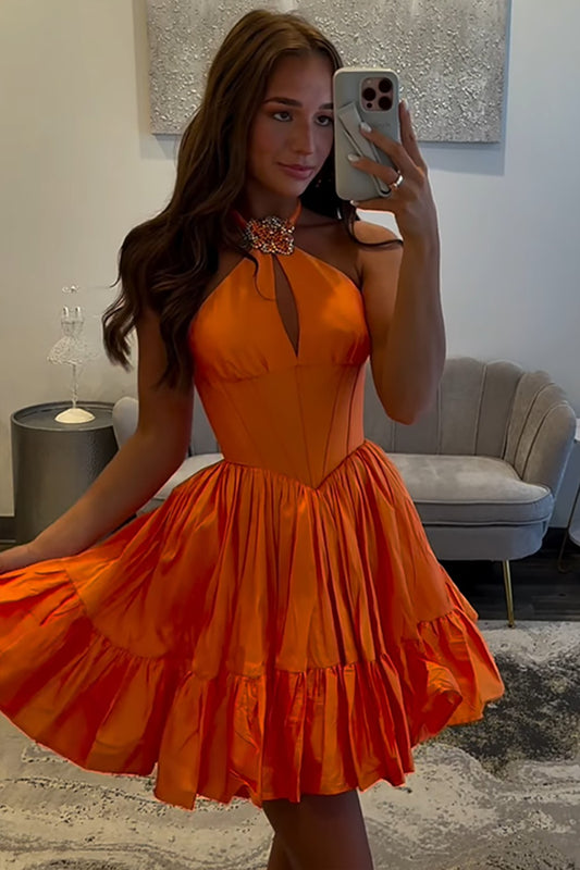 Satin Orange A Line Halter Short Corset Homecoming Dress for Juniors HE596