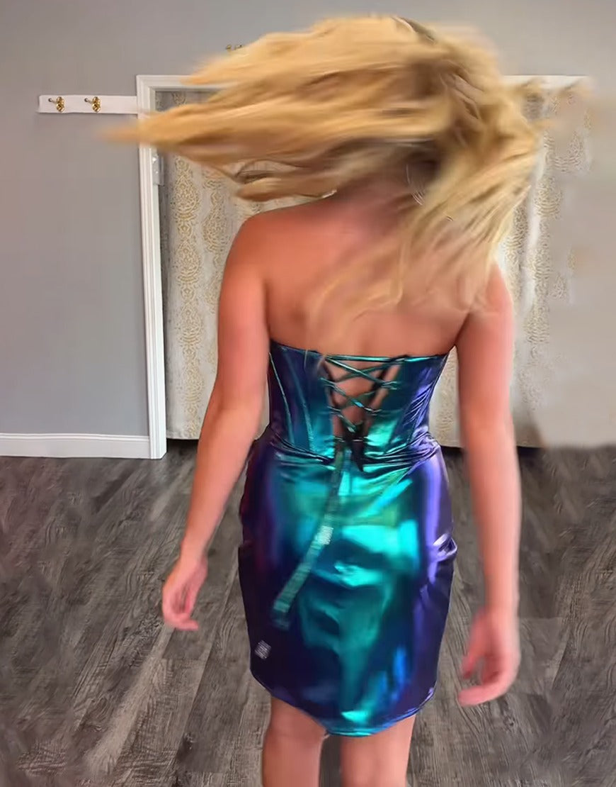Sparkly Peacock Green Metallic Short Corset Homecoming Dresses with Beading HE755