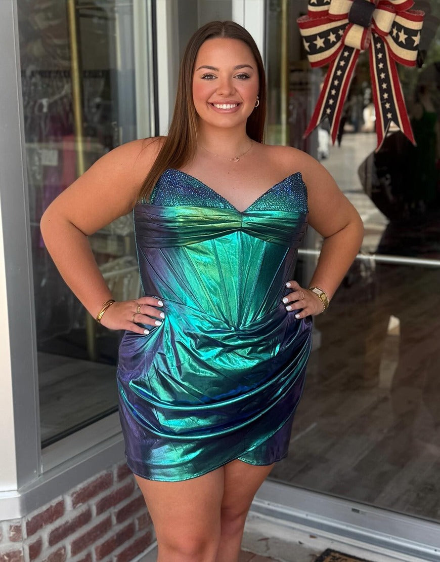 Sparkly Peacock Green Metallic Short Corset Homecoming Dresses with Beading HE755